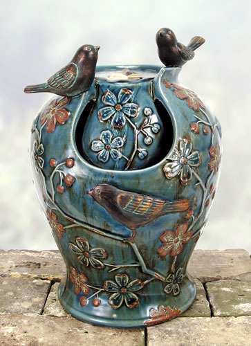 Blue Verdigris Songbirds Tall Table Fountain