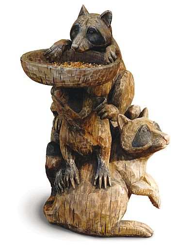 Three Raccoons Pedestal Birdbath & Bird Feeder