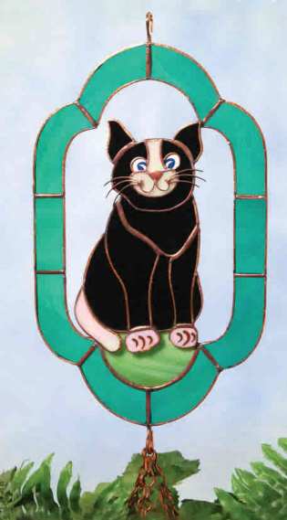Stained Glass Planter Black & White Cat Teal