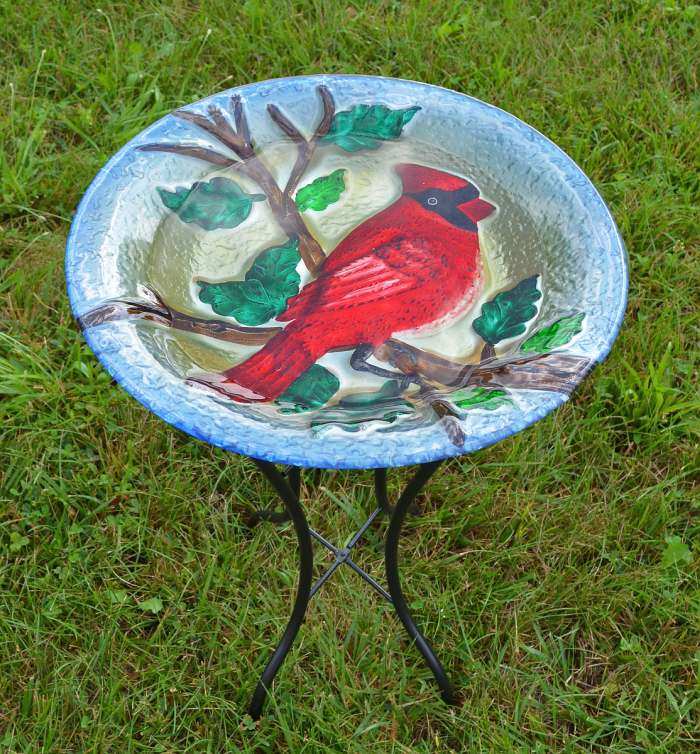 Majestic Cardinal Glass Bird Bath W Stand Decorative