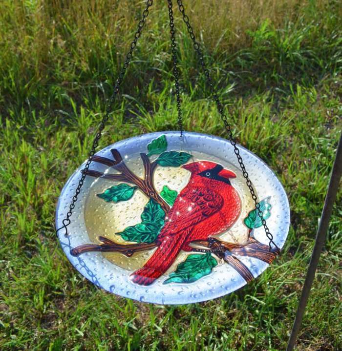 Embossed Majestic Cardinal Hanging Glass Bird Bath