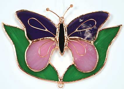 Stained Glass Suncatcher Purple Butterfly w/Leaves