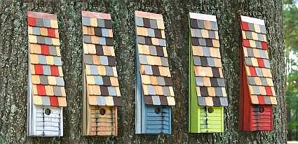 Jacob's Ladder Bird House is available in Redwood, Blue, Limey Yellow, Turquoise, Natural and White colors