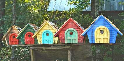 Prairie Home Bird House available in 5 colors: Natural, Green, Yellow, Redwood, and Blue