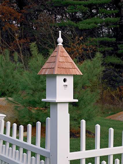 Lazy Hill Loretta Bird House mounted to a Lazy Hill White Vinyl Post