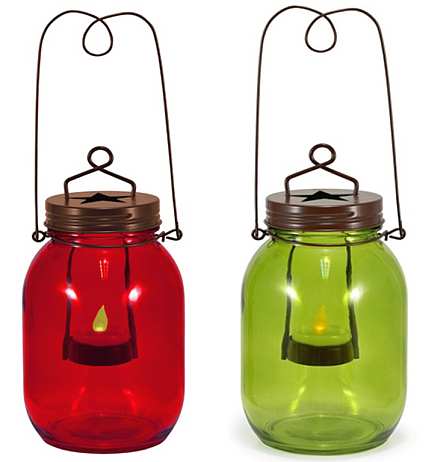 Holiday Canning Jar Lantern with Flamless LED Tea Light Red and Green
