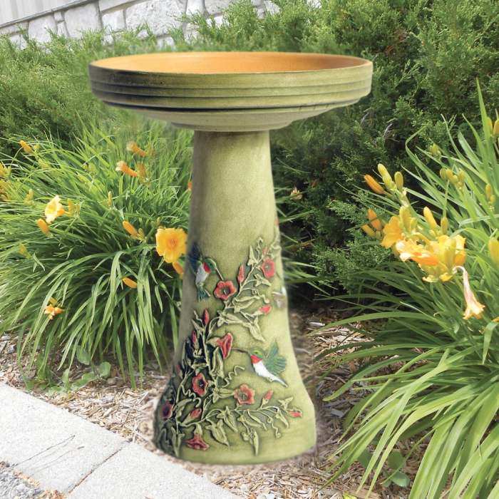 Hummingbird Stoneware Birdbath & Pedestal Set