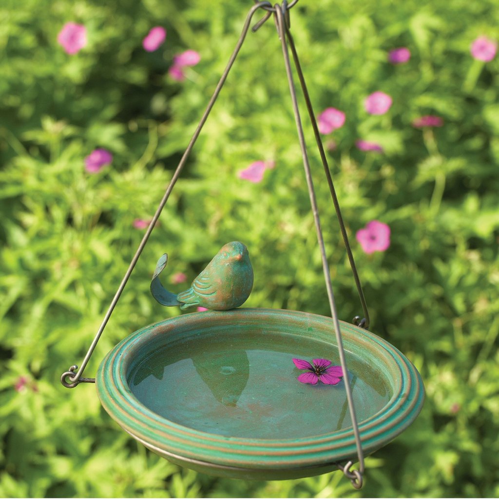 Teal Round Ceramic Hanging Bird Bath