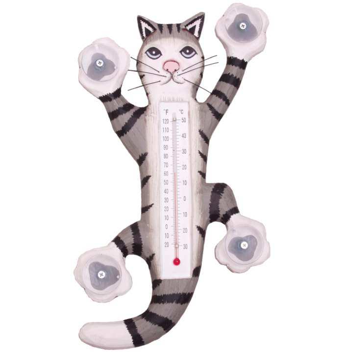 Window Thermometer Climbing Grey Tabby Cat Small