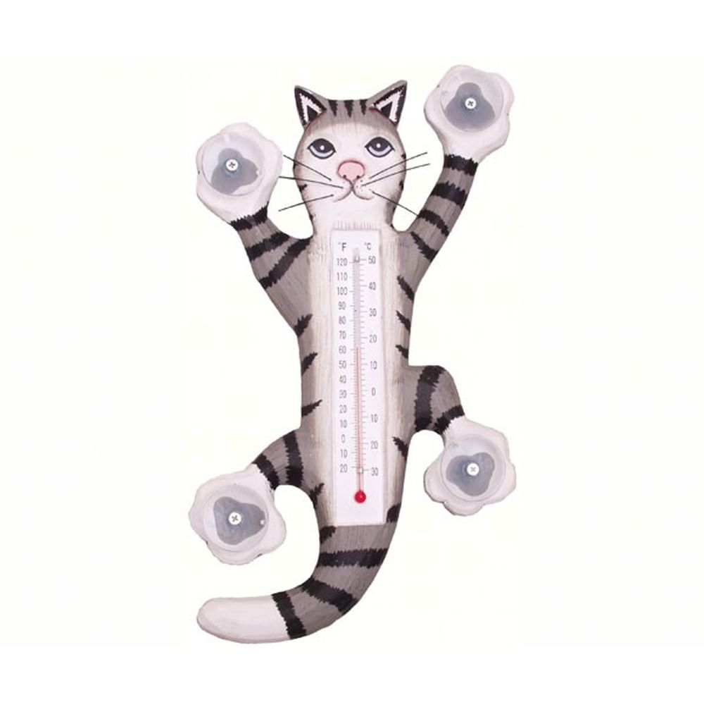 Window Thermometer Climbing Grey Tabby Cat Small