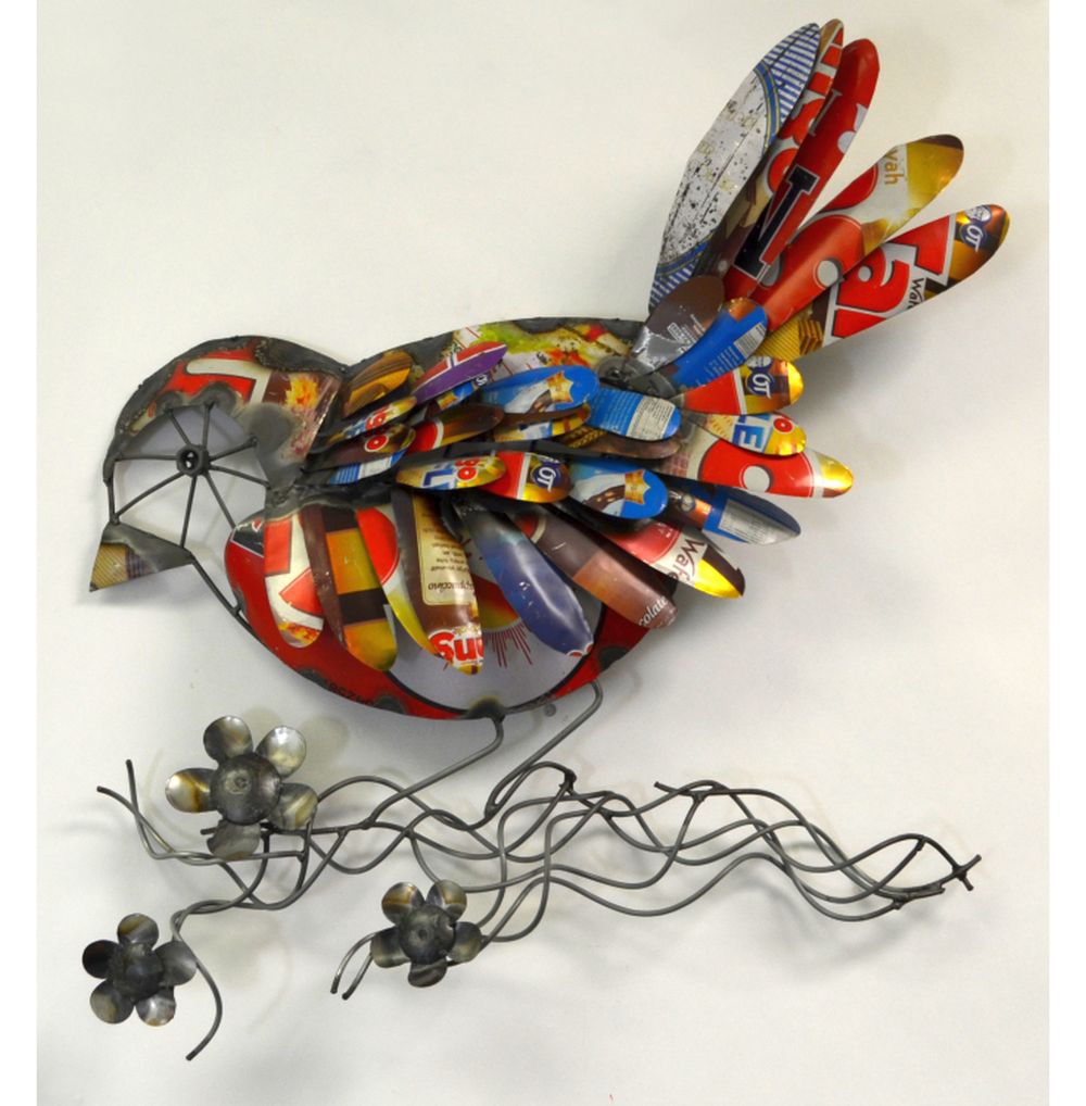 Recycled Metal Bird on Branch Wall Decor