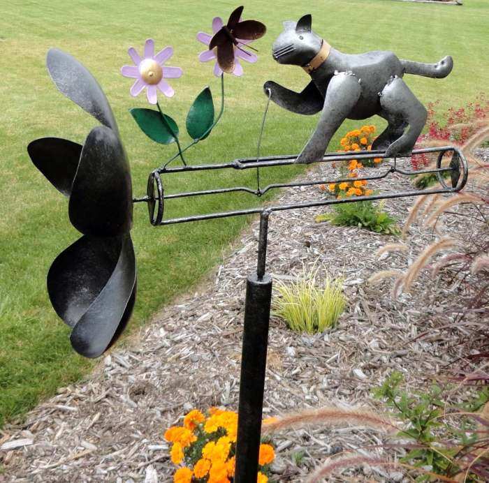 Grey Cat and Butterfly Whirligig w/Pole