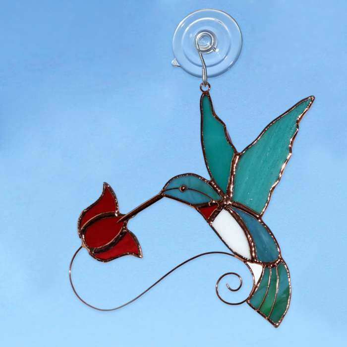Stained Glass Suncatcher Hummingbird Red Flower