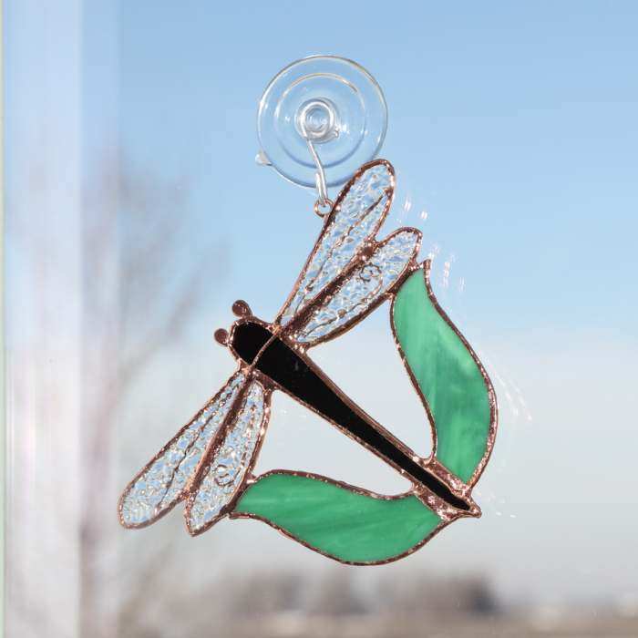 Stained Glass Suncatcher Black Dragonfly w/Leaves