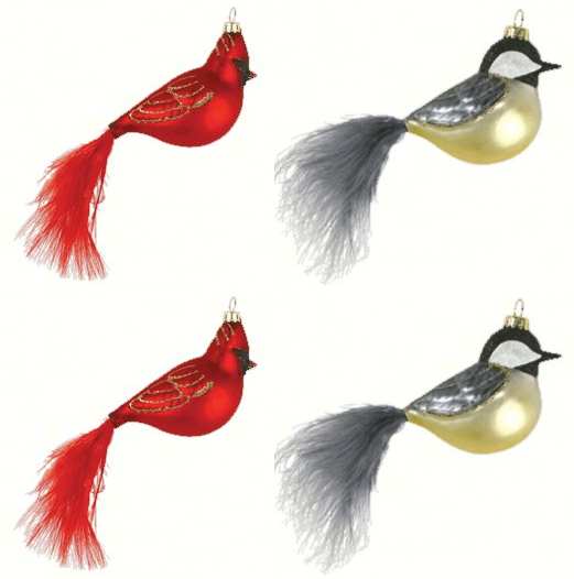 Blown Glass Bird Ornaments Feather Tail Set of 4
