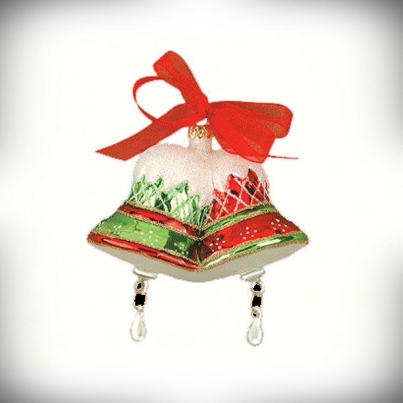 Blown Glass Ornament Merry Bells Red & Green