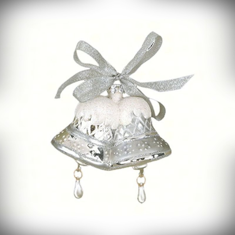 Blown Glass Ornament Merry Bells Silver