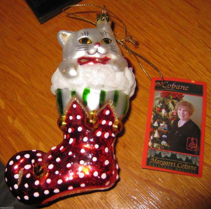 Blown Glass Ornament Jingle Bell Kitty Stocking