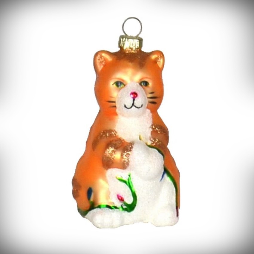 Blown Glass Ornament Big Kitty Orange