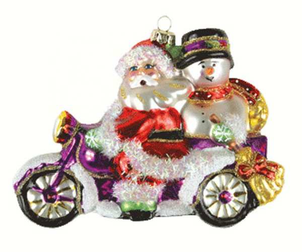 Blown Glass Ornament Santa & Frosty Motorcycle