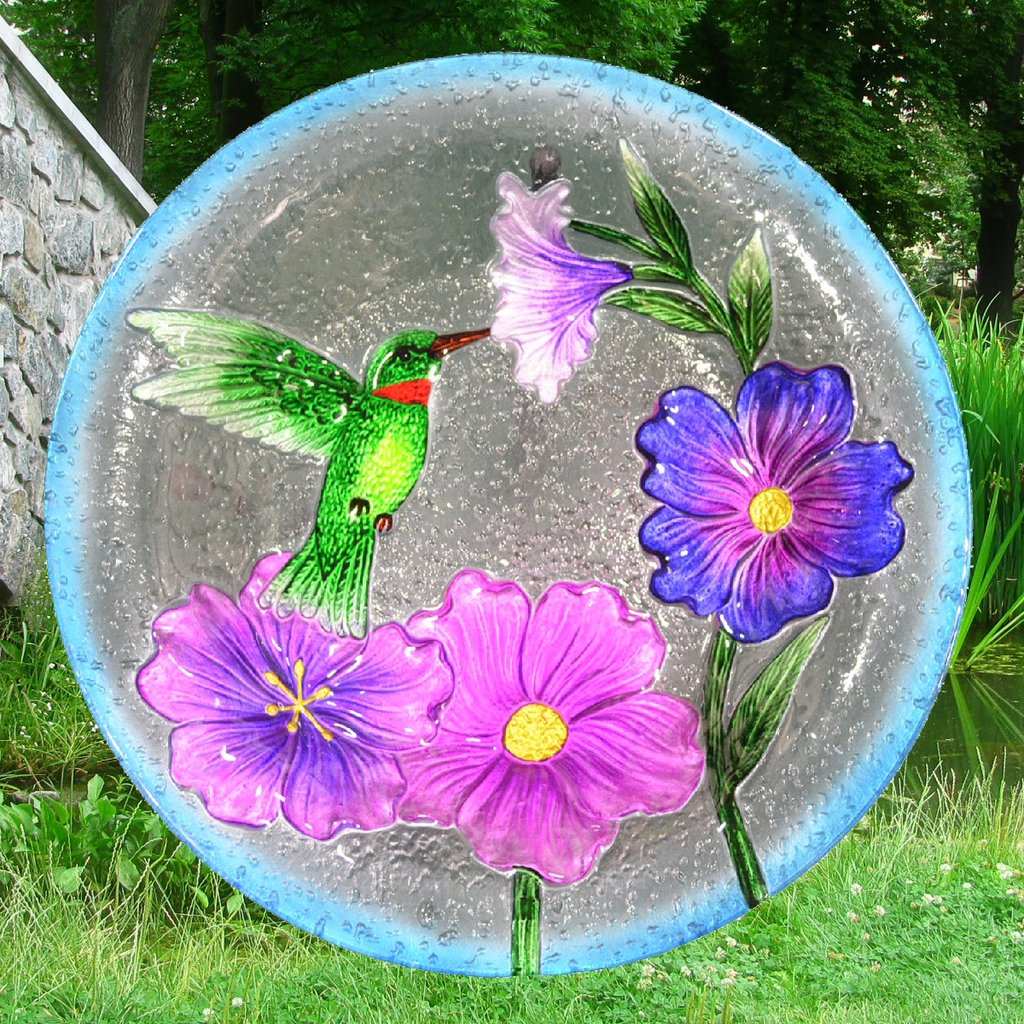 Embossed Hummingbird Glass Bird Bath Bowl