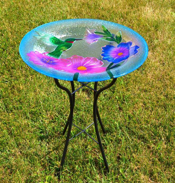 Embossed Hummingbird Glass Bird Bath w/Stand