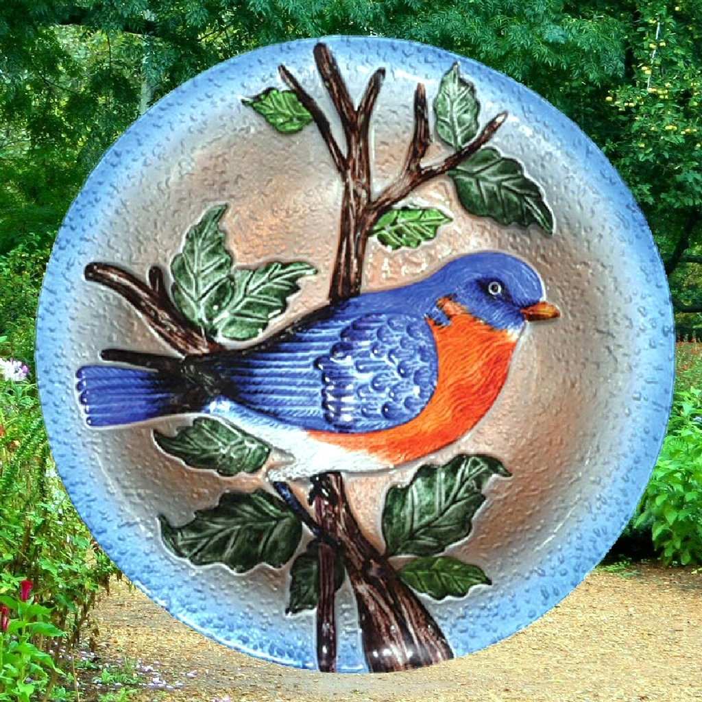 Embossed Bluebird Glass Bird Bath Bowl