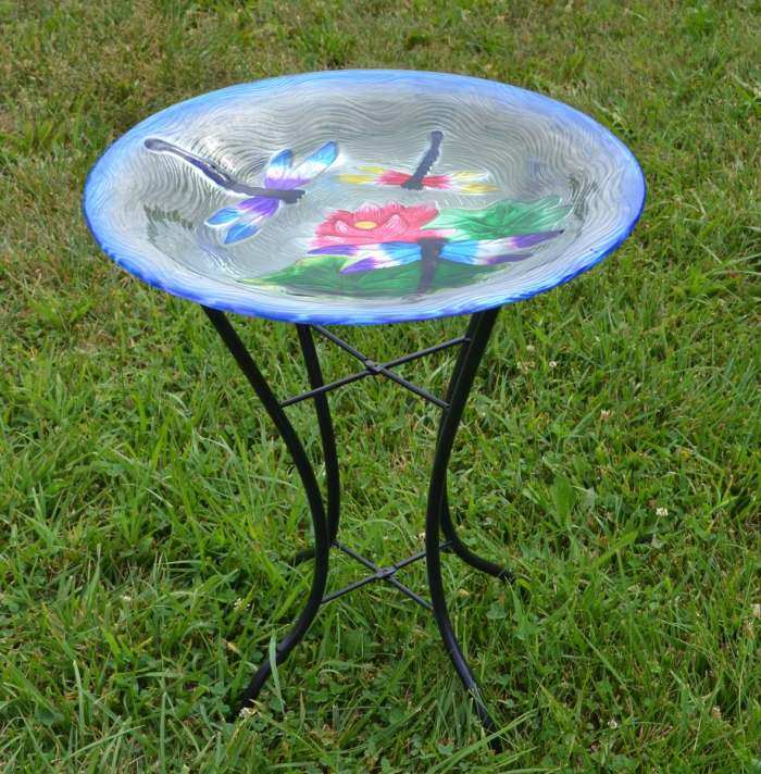 Embossed Dragonfly Trio Glass Bird Bath w/Stand