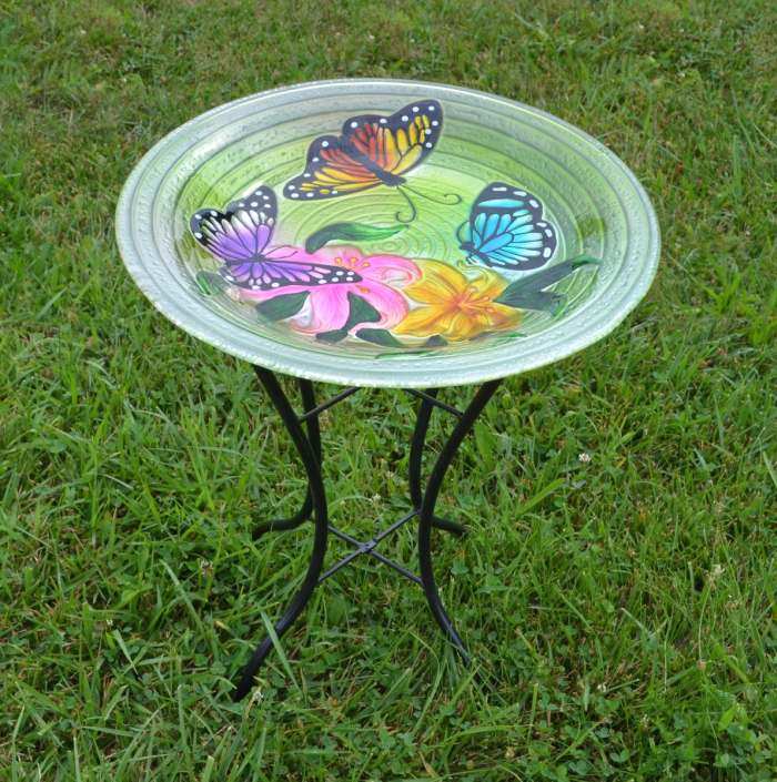 Embossed Butterfly Trio Glass Bird Bath w/Stand