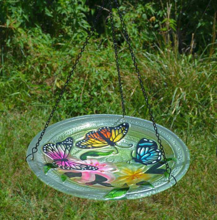 Embossed Butterfly Trio Hanging Glass Bird Bath