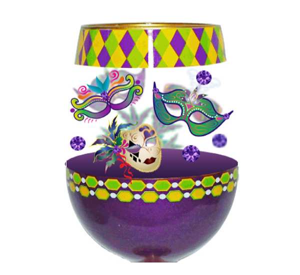 Bottom's Up Stemless Wine Glass Mardi Gras Deux