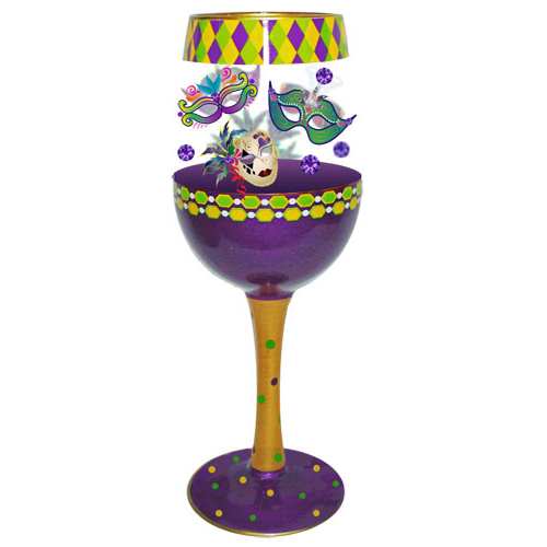 Bottom's Up Wine Glass Mardi Gras Deux