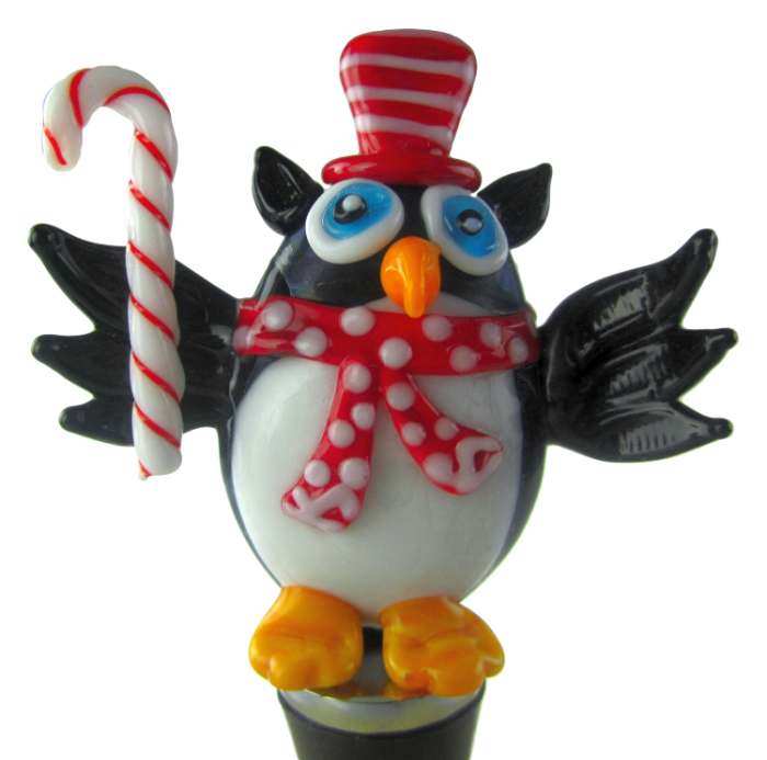 Glass Wine Stopper Owl with Candy Cane