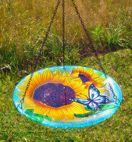 Embossed Blooming Sunflower Hanging Glass Birdbath