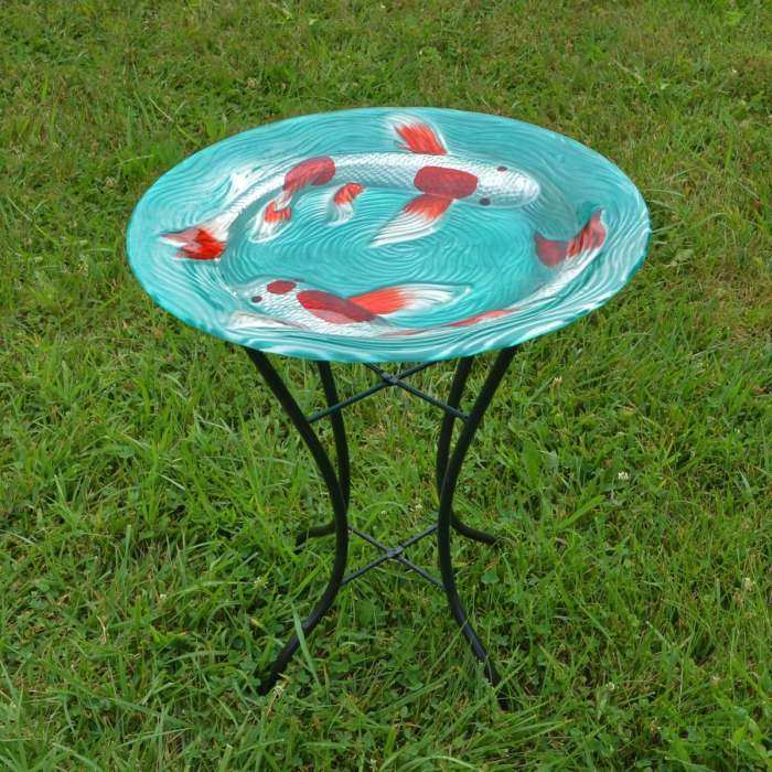 Embossed Koi Pond Glass Bird Bath w/Stand