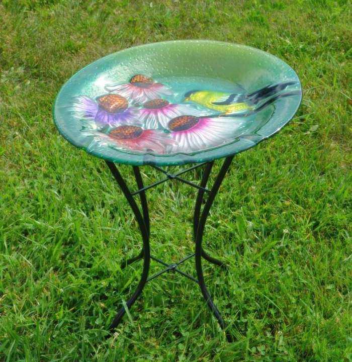 Embossed Goldfinch Glass Bird Bath w/Stand