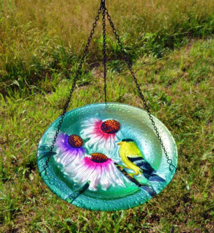 Embossed Goldfinch Hanging Glass Bird Bath