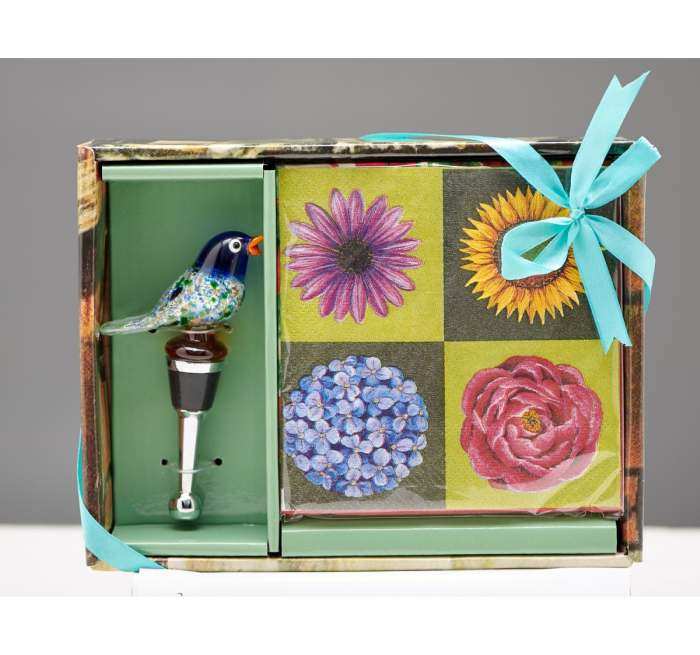 Hostess Napkin and Stopper Gift Set Bird & Flowers