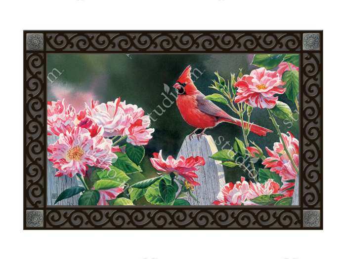Cardinal with Variegated Roses MatMate Doormat