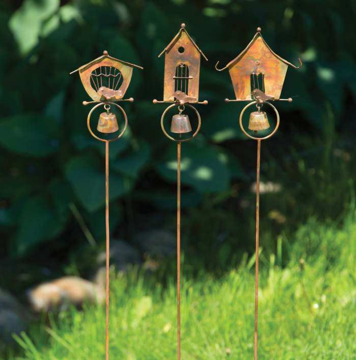 Flamed Copper Bird Houses Garden Stake Set of 3