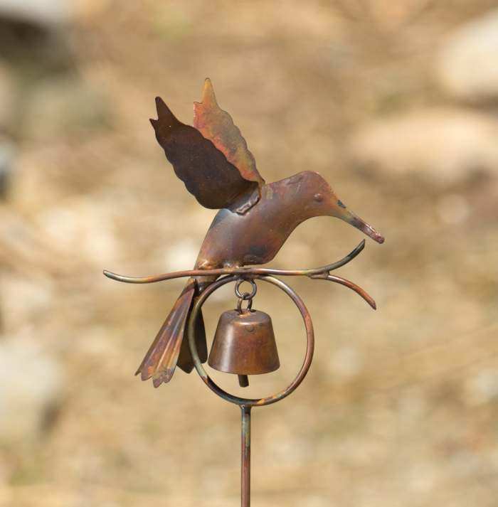 Flamed Copper Hummingbird Bell Garden Stake 4/Pack