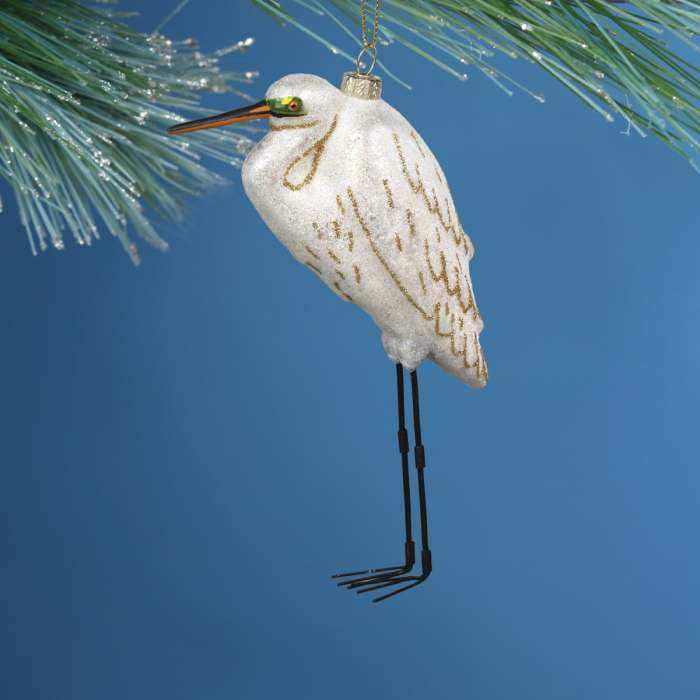 Blown Glass Bird Ornament White Egret