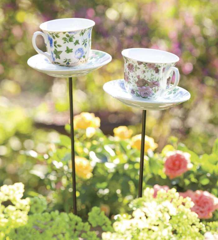 Tea Cup And Saucer Stake Bird Feeder Set Of 4 Decorative
