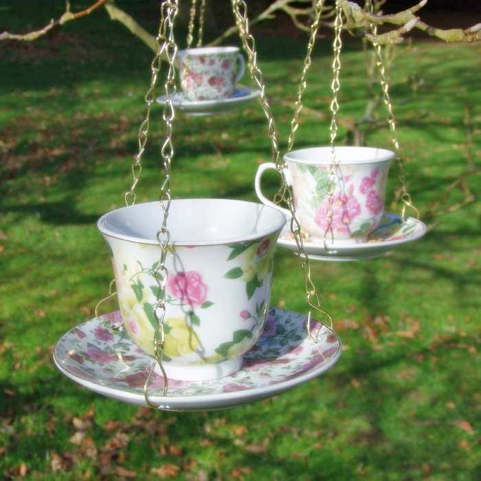 Tea Cup and Saucer Hanging Bird Feeder Set of 4