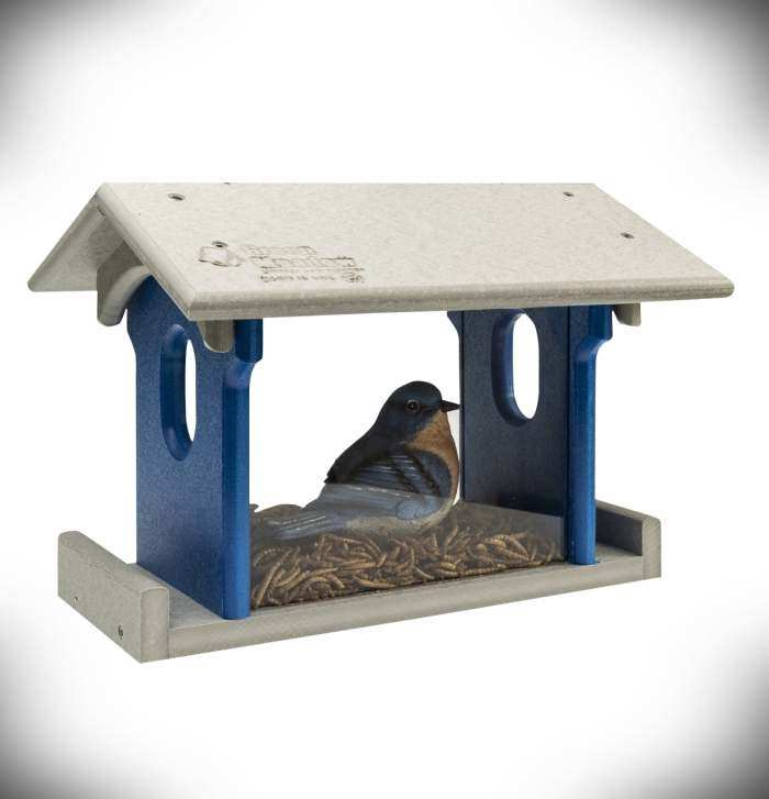 Amish-Made Bluebird Feeder Eco-Friendly Poly-Wood Hanging Blue Bird Feeder Blue and Weathered Wood 