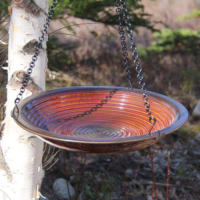 Circles Stoneware Hanging Birdbath Rustic Red