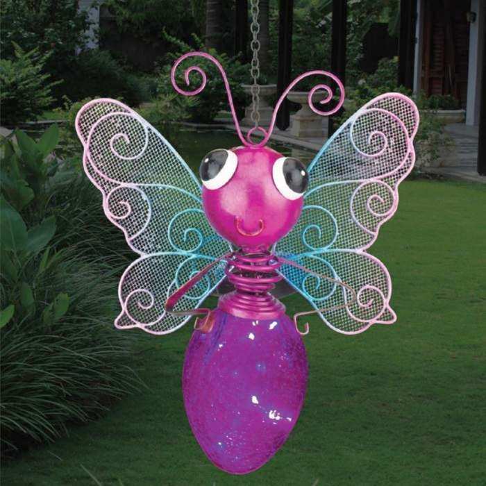 Solar Hanging Light Bulb Garden Ornament ~ Blue Firefly ~ Pink Butterfly 
