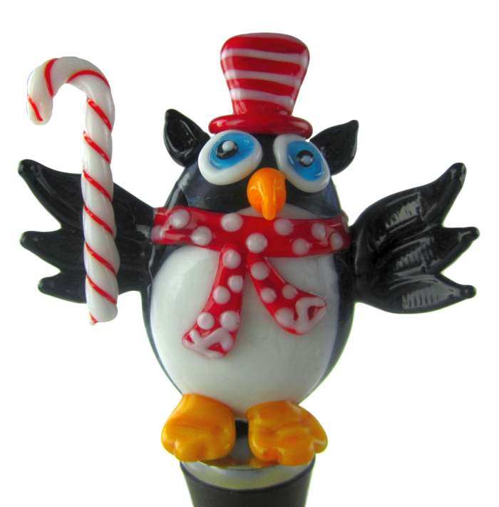 Glass Bottle Stopper Christmas Owl w/Candy Cane