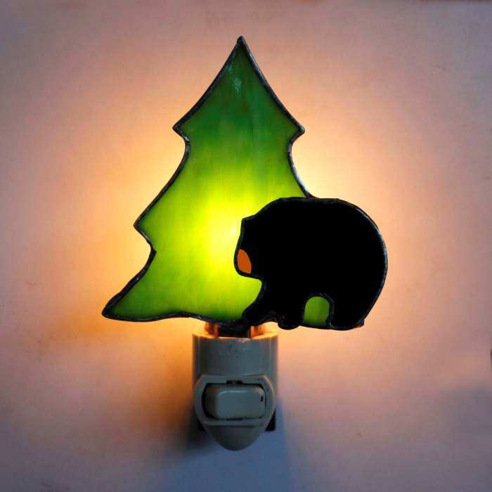 Stained Glass Nightlight Black Bear w/Tree
