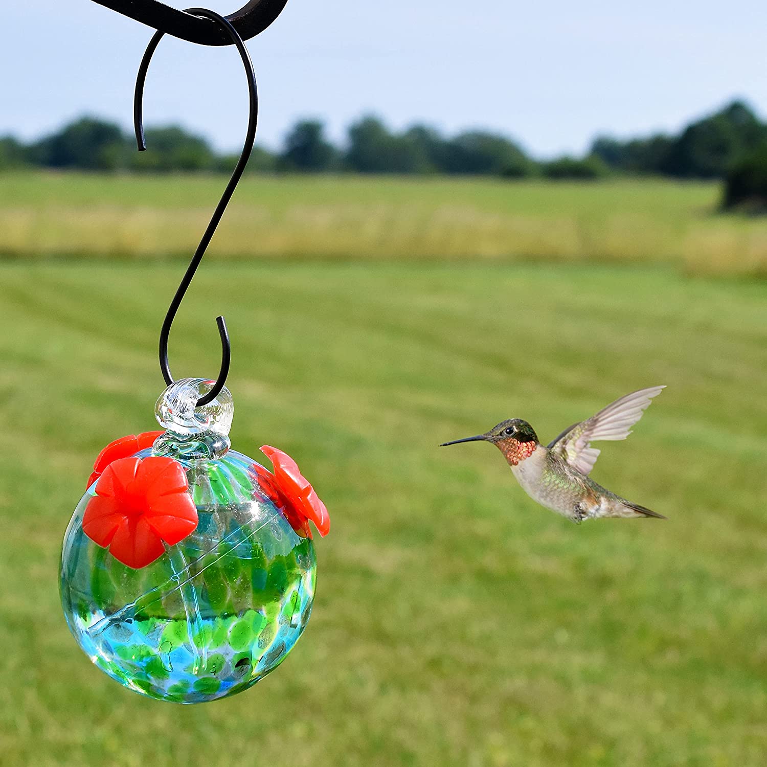 Blown Glass Hummingbird Feeder Ocean Swirls